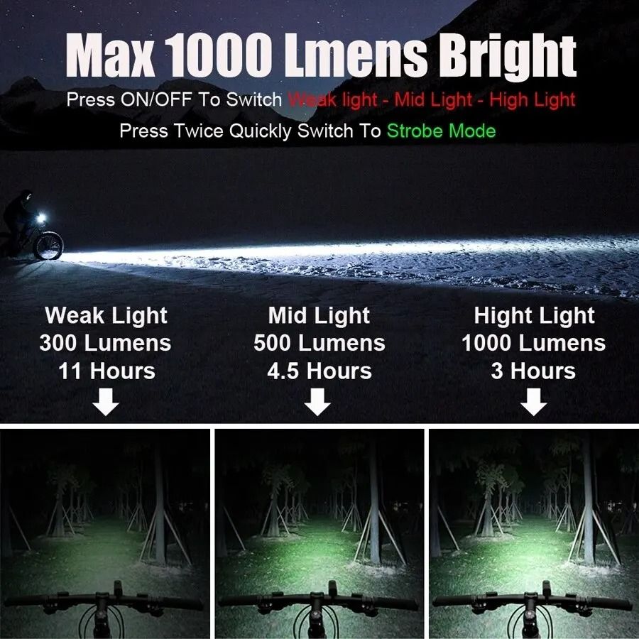 Rechargeable 1000 Lumen Bicycle Light Set With Front And Rear Rainproof Headlights 1