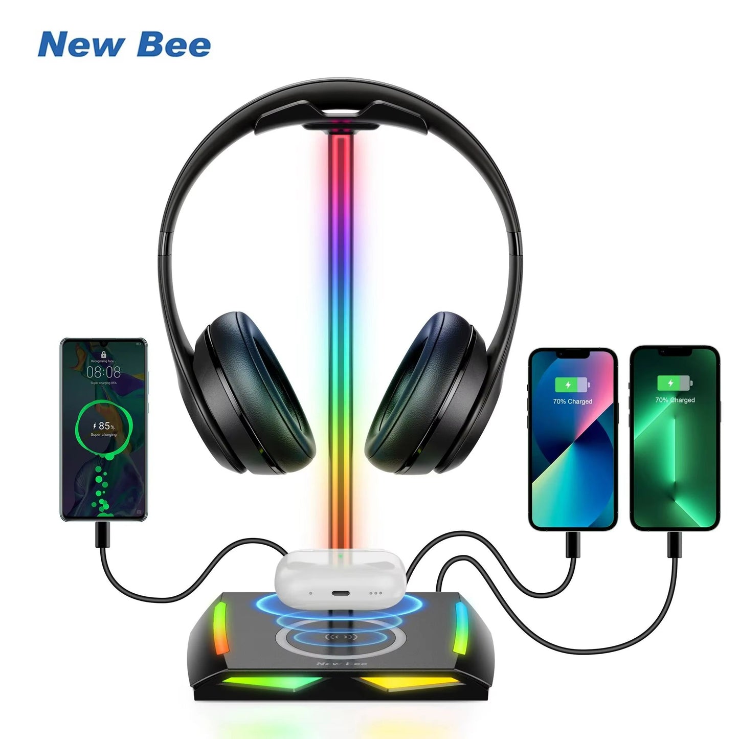DeskGlow Z12 RGB Headphone Stand with Wireless Charging Base – Gaming Headphone Stand with USB Ports and LED Accent Ligh