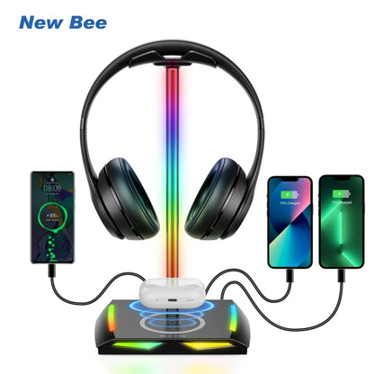 DeskGlow Z12 RGB Headphone Stand with Wireless Charging Base – Gaming Headphone Stand with USB Ports and LED Accent Ligh