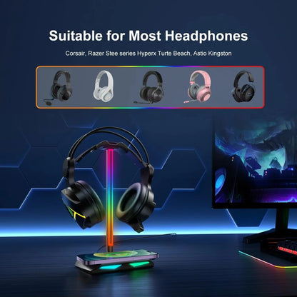 DeskGlow Z12 RGB Headphone Stand With Wireless Charging Base  Gaming Headphone Stand With USB Ports 1
