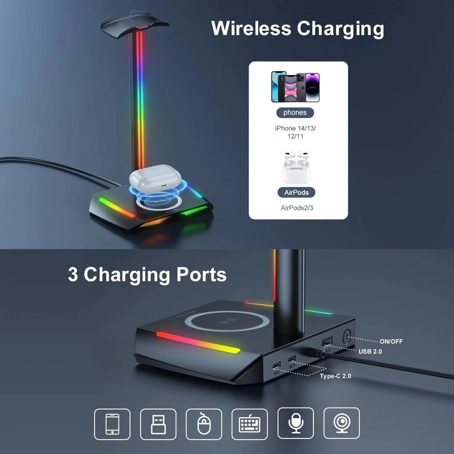 DeskGlow Z12 RGB Headphone Stand With Wireless Charging Base  Gaming Headphone Stand With USB Ports 4