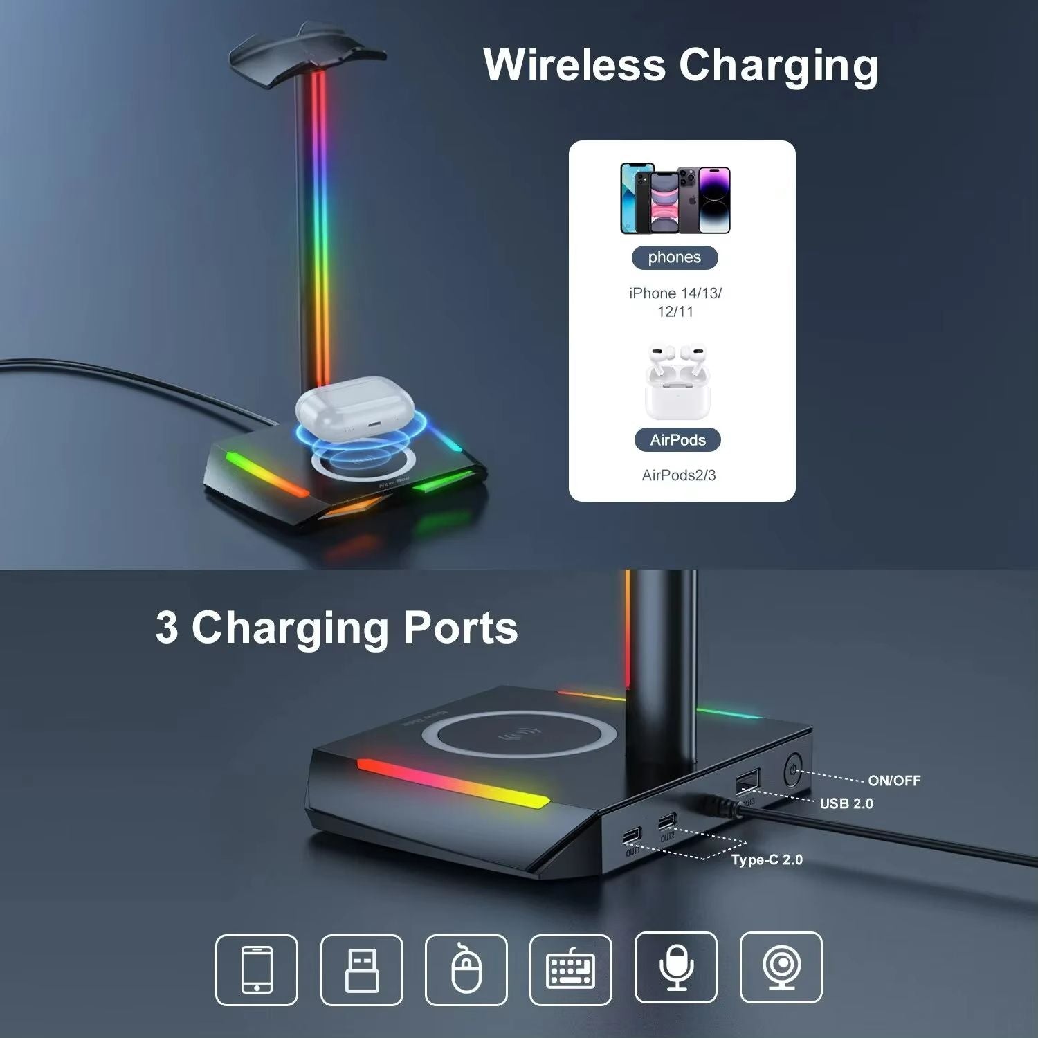 DeskGlow Z12 RGB Headphone Stand With Wireless Charging Base  Gaming Headphone Stand With USB Ports 4