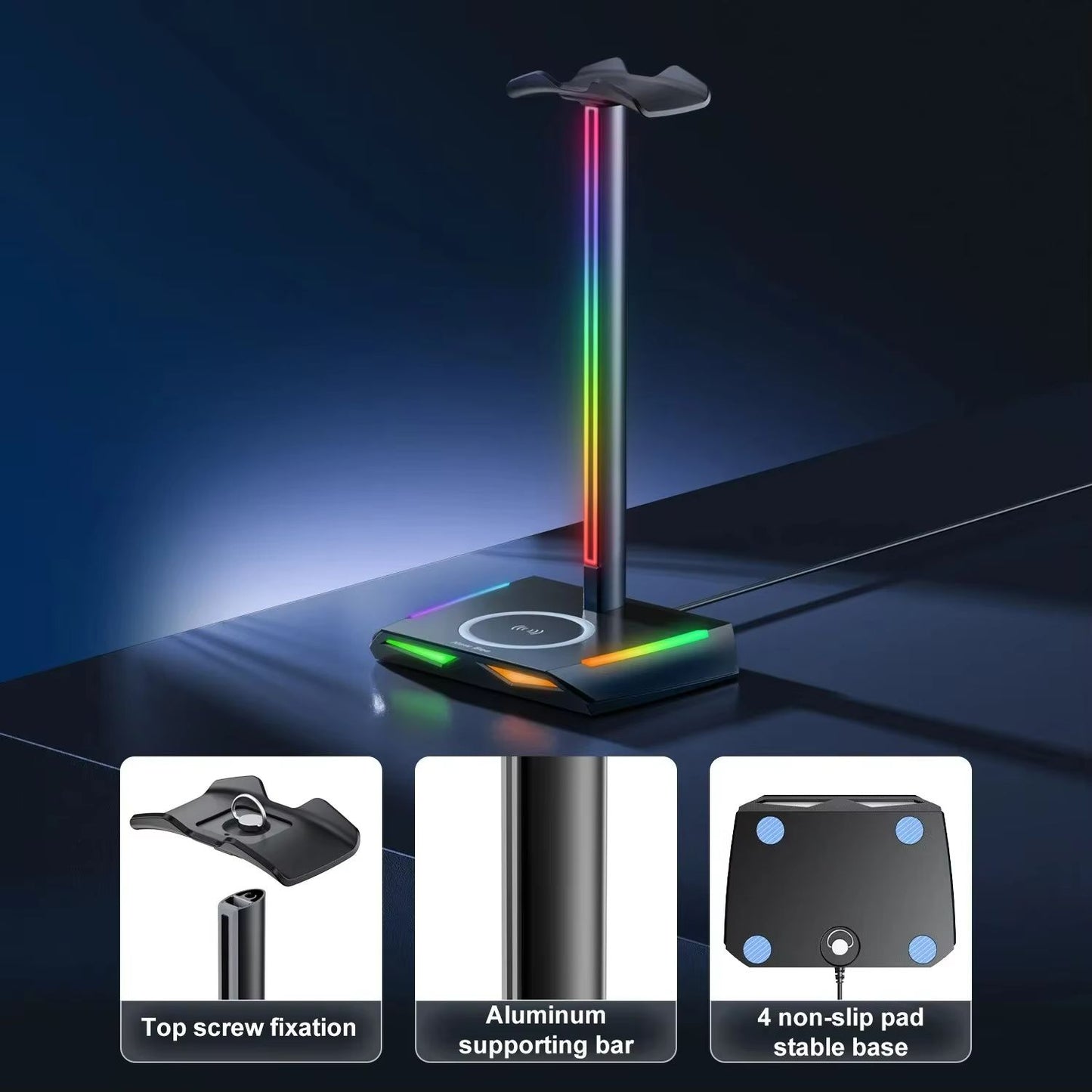 DeskGlow Z12 RGB Headphone Stand With Wireless Charging Base  Gaming Headphone Stand With USB Ports 5