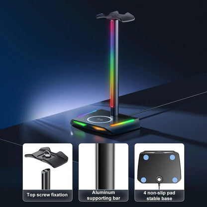 DeskGlow Z12 RGB Headphone Stand With Wireless Charging Base  Gaming Headphone Stand With USB Ports 5