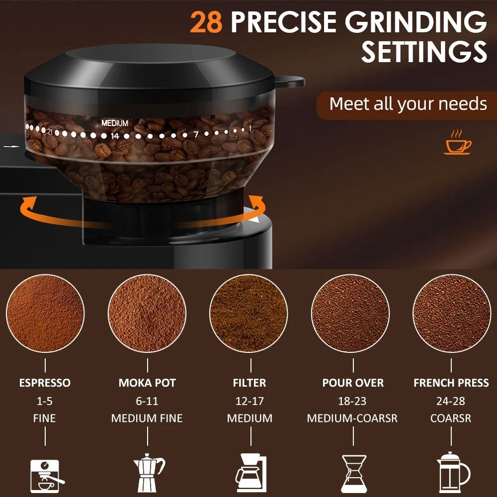 Electric Burr Mill Coffee Grinder With 28 Adjustable Settings For Espresso And Drip Brewing 1