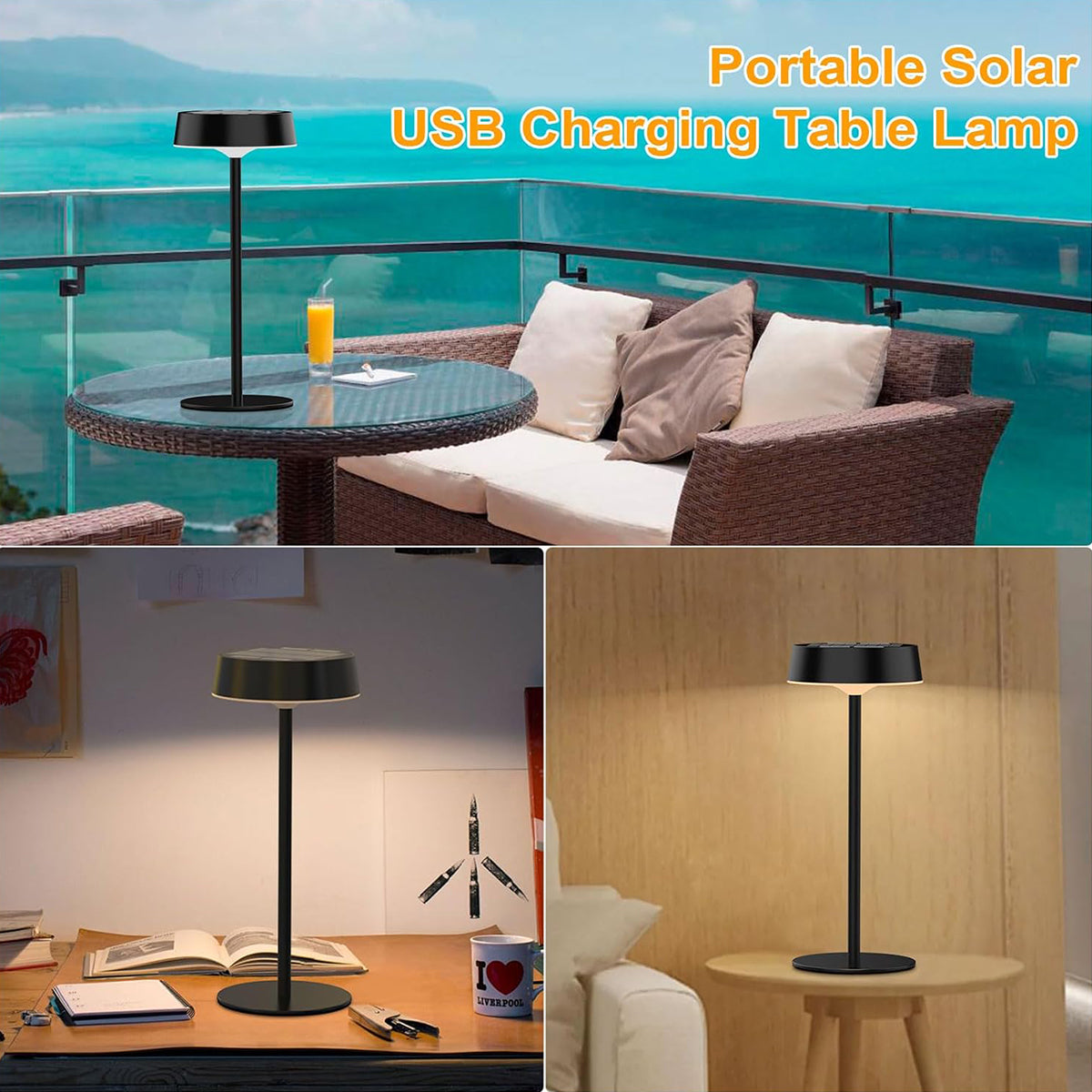 Solar Table Lamp for Bedroom, Camping Light with Dual Charging, 3 Color Temperature, Waterproof Night Light for Home