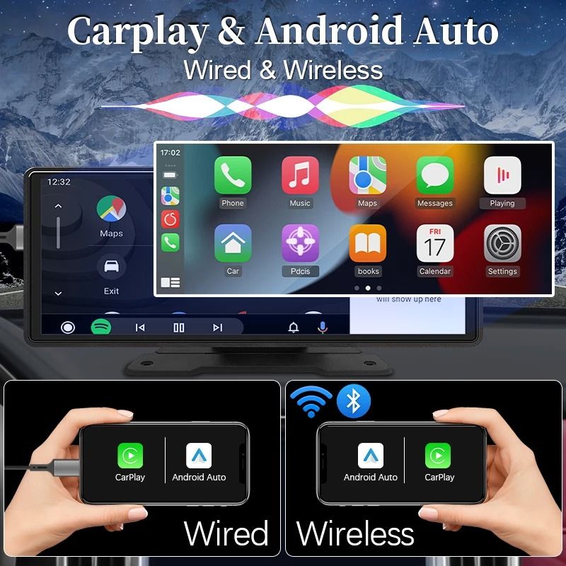 1026 Inch Wireless CarPlay Android Auto Mirror Screen With Bluetooth USB AUX 1