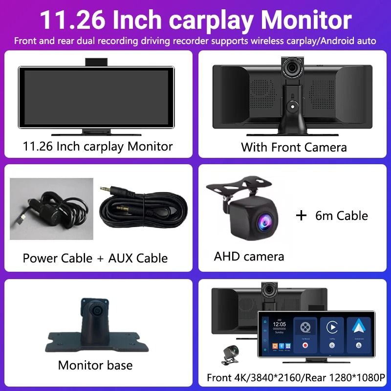 1126 Inch Touchscreen Car Multimedia Video Player With Dual Lens DVR And Wireless CarPlay 12