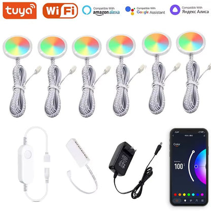 DC12V Tuya WiFi RGB Under Cabinet Puck Lights with Remote and Voice Control