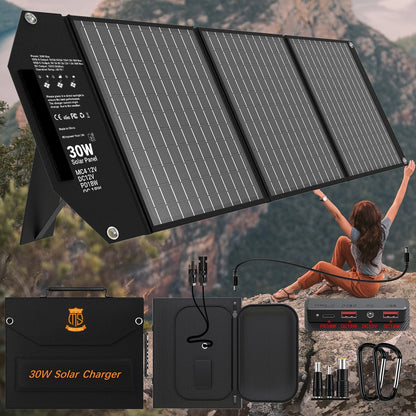 30W Foldable Solar Charger with USB and USB C Ports for Travel and Outdoor Use