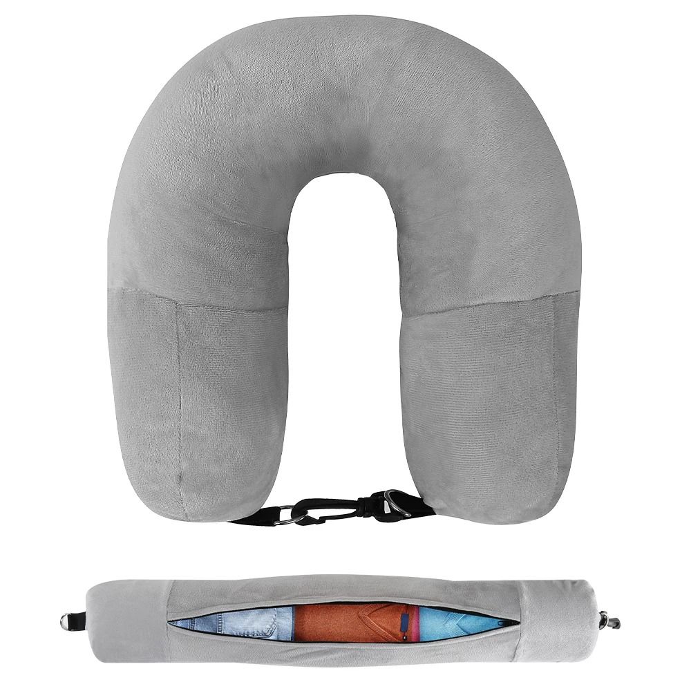 Travel Neck Pillow With Fillable Clothing Storage And Velvet Cover 8