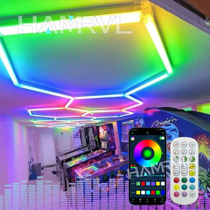 RGB Hexagon LED Garage Light With Remote  Honeycomb Ceiling Panel For Workshops Game Rooms  More 2
