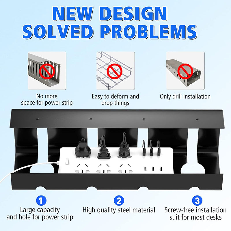 No Drill Under Desk Cable Management Tray, Heavy-Duty Steel Wire Organizer & Desk Cord Organizer for Clutter-Free Works