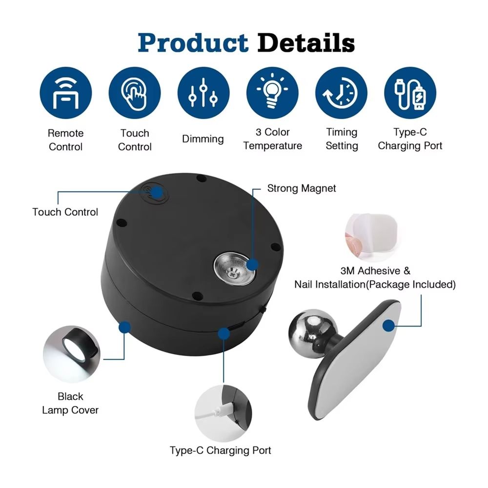 360 Rotatable LED Wall Lamp  Touch Control  Remote Light With 12 Color Modes USB Rechargeable For B 4