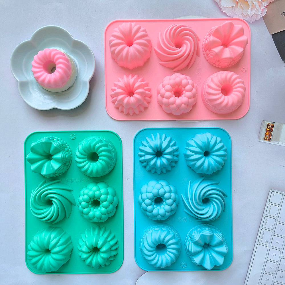 6-Cavity Silicone Donut Baking Molds, Multicolor Doughnut Pans with Flower & Swirl Shaped Designs for Easy Baking