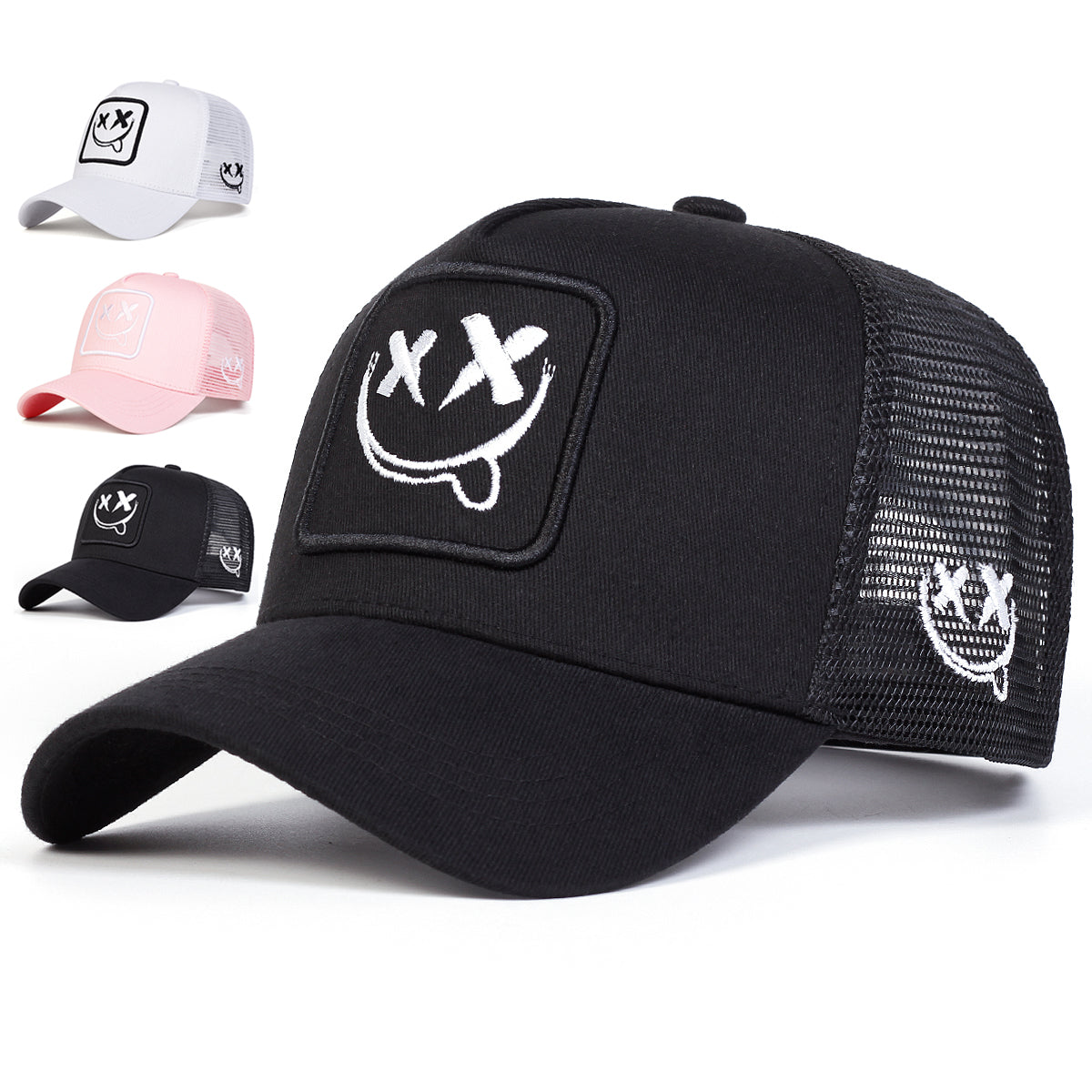 Smiling Face Embroidery Baseball Net Cap for Men Women, Adjustable Trucker Hat, Summer Outdoor Sunscreen Cap