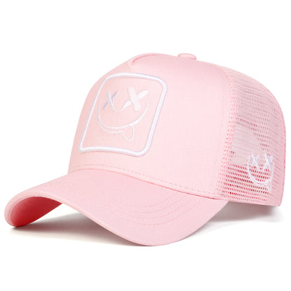 Smiling Face Embroidery Baseball Net Cap for Men Women, Adjustable Trucker Hat, Summer Outdoor Sunscreen Cap