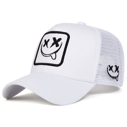 Smiling Face Embroidery Baseball Net Cap for Men Women, Adjustable Trucker Hat, Summer Outdoor Sunscreen Cap