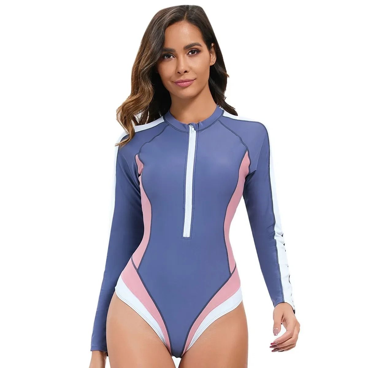 Protective Long Sleeve One Piece Swimsuit for Women with Slim Fit and Zipper Closure