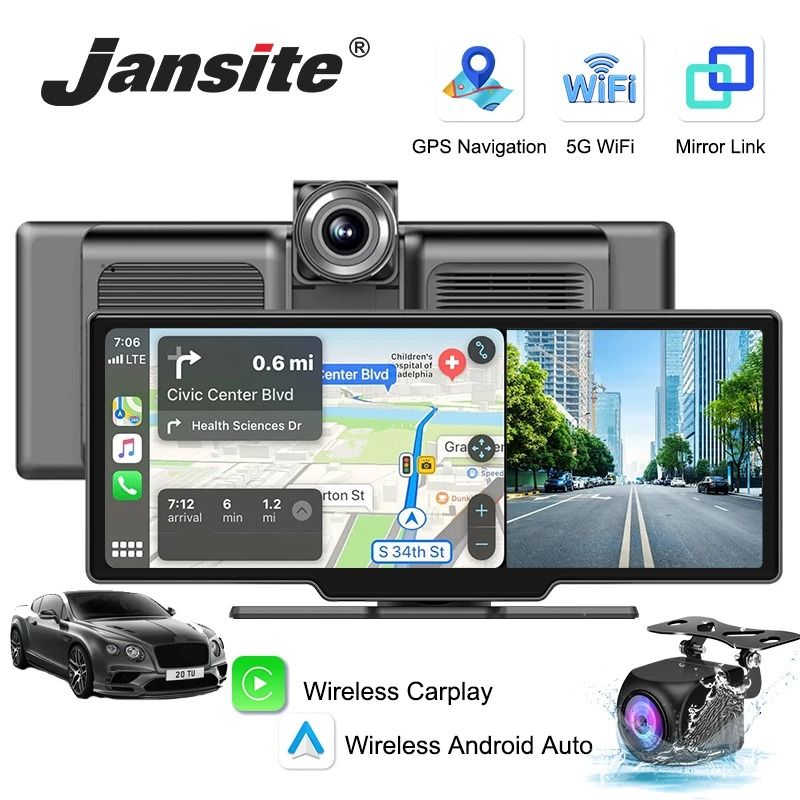 10.26 Inch 4K Dash Cam Mirror With Wireless CarPlay Android Auto GPS Rearview and Multimedia Playback