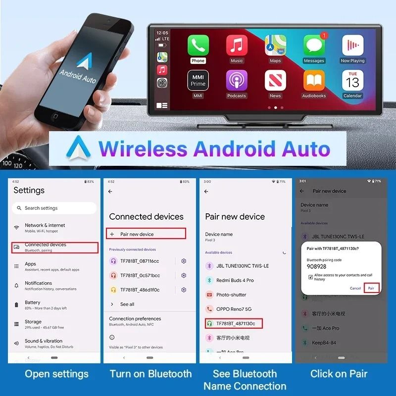 1026 Inch 4K Dash Cam Mirror With Wireless CarPlay Android Auto GPS Rearview And Multimedia Playbac 4