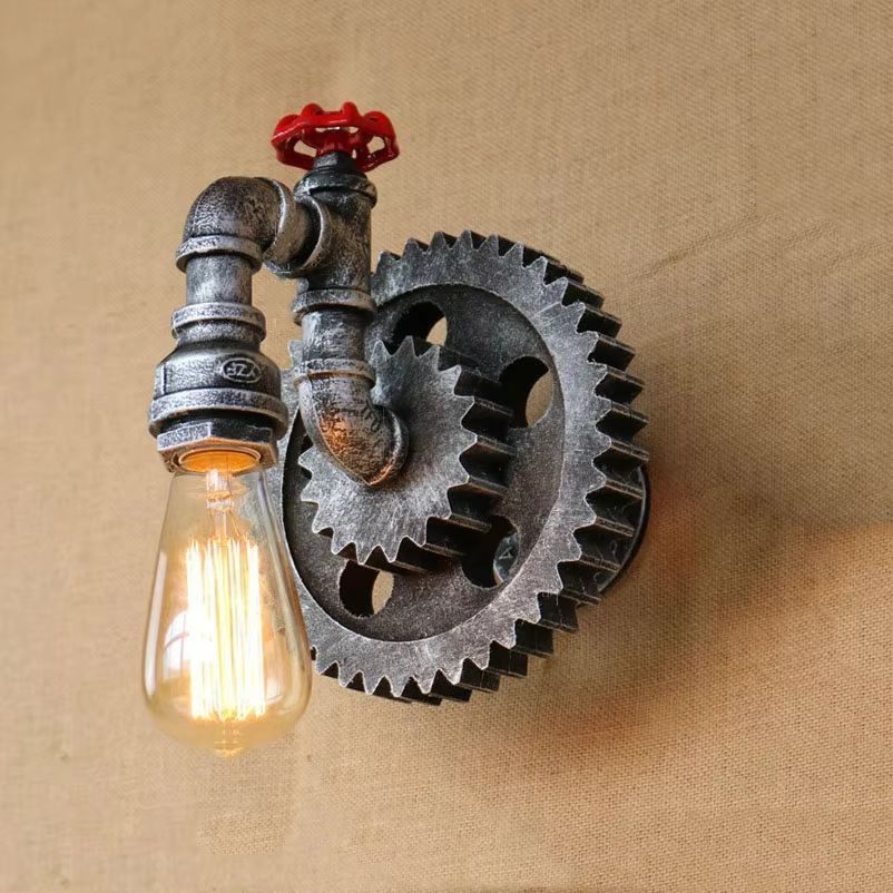 Vintage Gear Wheel Wall Sconce – Industrial Retro Loft Light with Iron & Wood Design