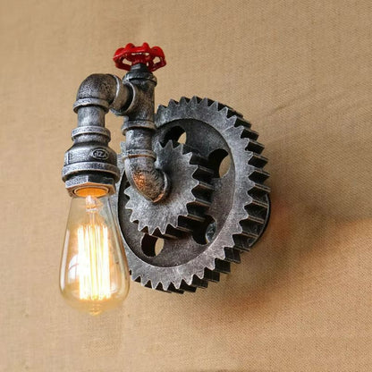 Vintage Gear Wheel Wall Sconce – Industrial Retro Loft Light with Iron & Wood Design