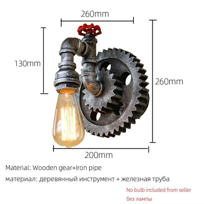 Vintage Gear Wheel Wall Sconce  Industrial Retro Loft Light With Iron  Wood Design 1