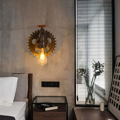 Vintage Gear Wheel Wall Sconce  Industrial Retro Loft Light With Iron  Wood Design 2