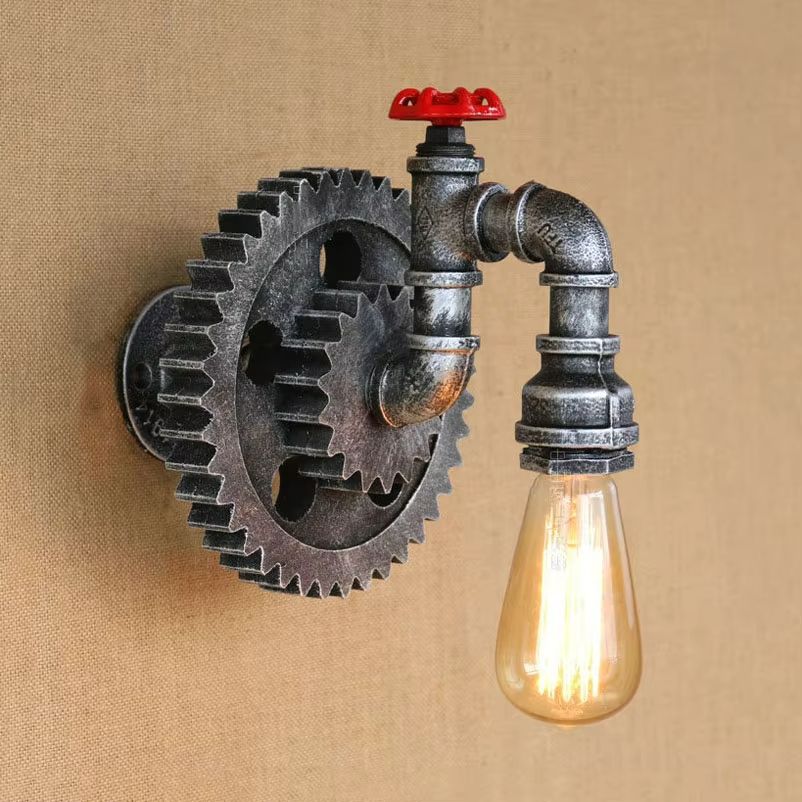 Vintage Gear Wheel Wall Sconce  Industrial Retro Loft Light With Iron  Wood Design 3