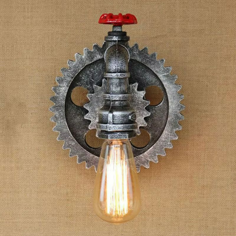 Vintage Gear Wheel Wall Sconce  Industrial Retro Loft Light With Iron  Wood Design 4