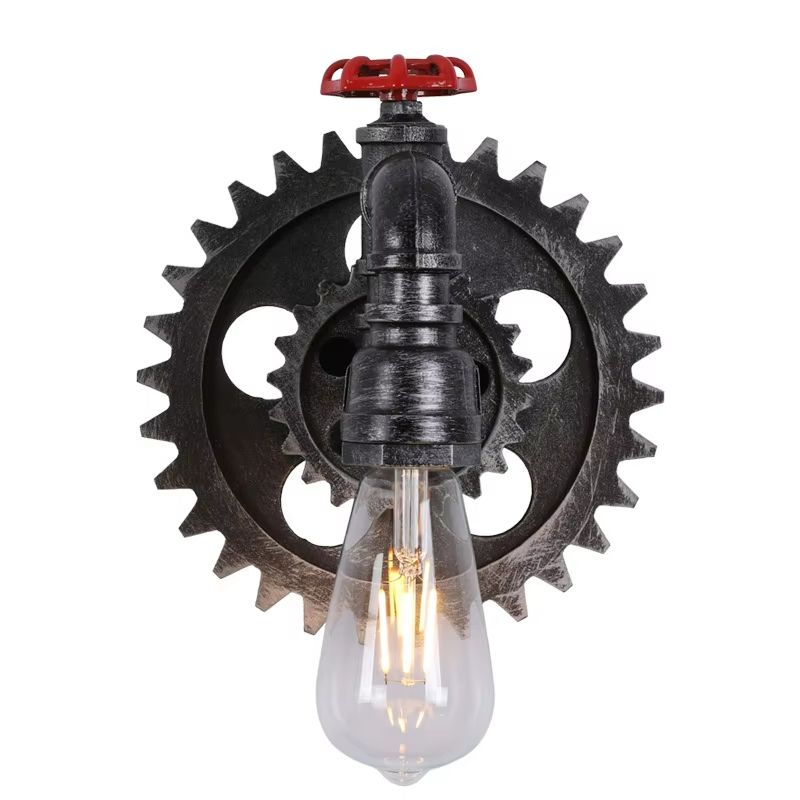 Vintage Gear Wheel Wall Sconce  Industrial Retro Loft Light With Iron  Wood Design 5