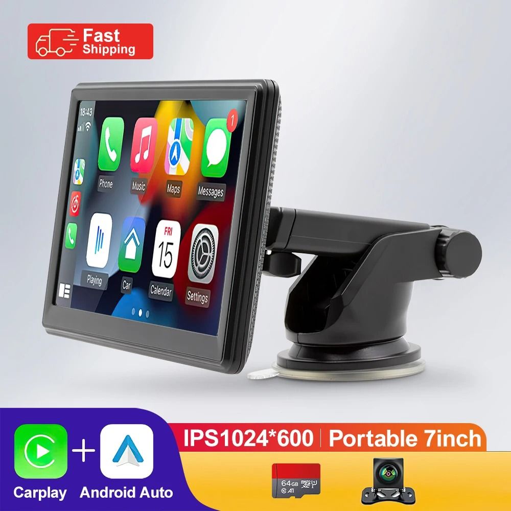 7 Inch Portable CarPlay Android Auto Touch Screen Car Radio with GPS Navigation and Rear View Camera