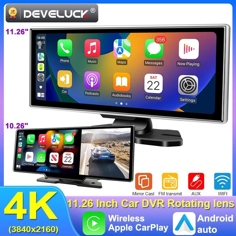 10 and 11.26 Inch Dash Cam with 4K DVR Wireless CarPlay Android Auto GPS Navigation Dual Lens