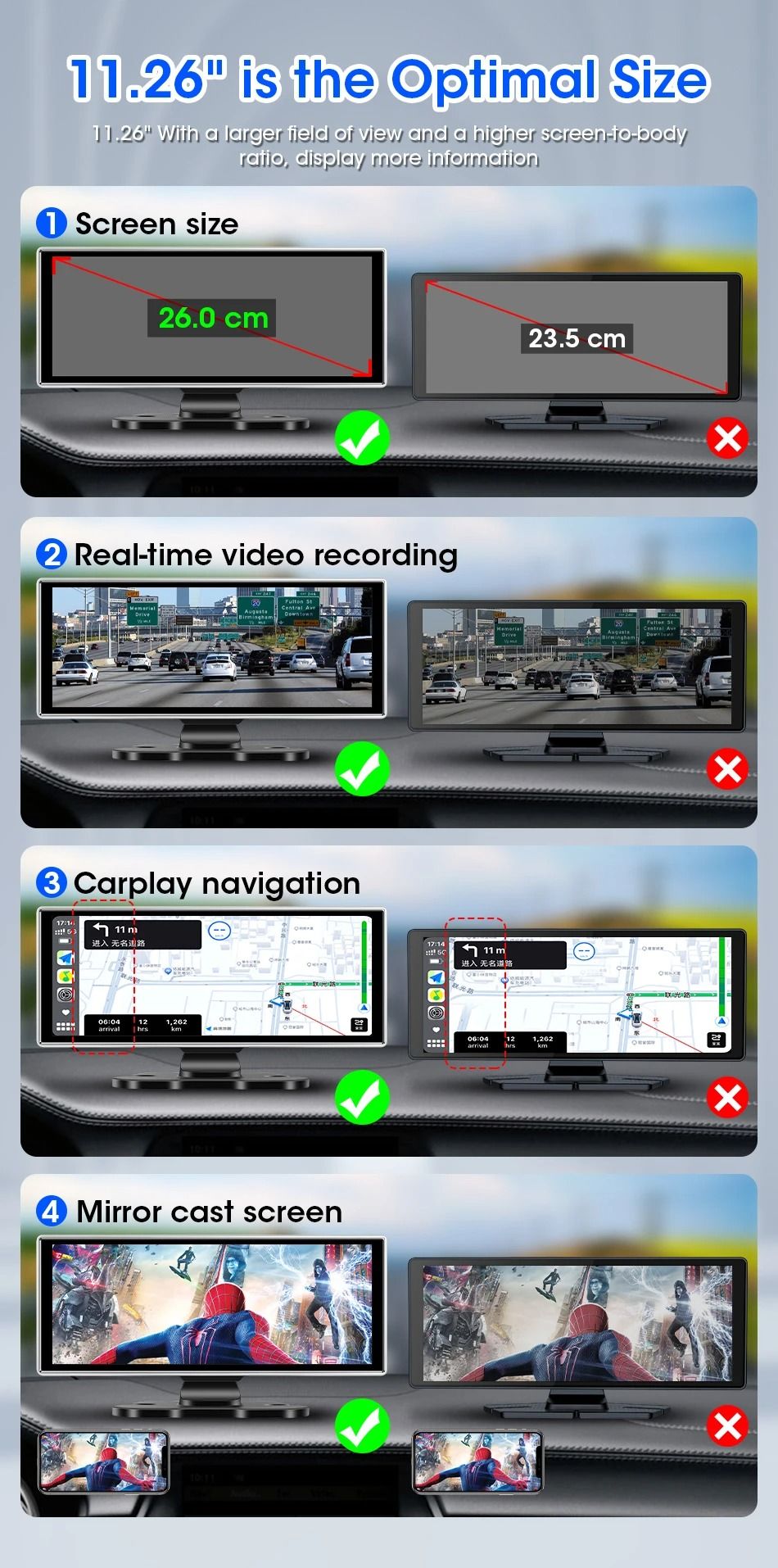 10 And 1126 Inch Dash Cam With 4K DVR Wireless CarPlay Android Auto GPS Navigation Dual Lens 1