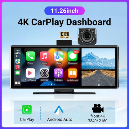 11 Inch Portable Dash Cam with 4K DVR Wireless Carplay Android Auto GPS Navigation and Dual Lens Recorder