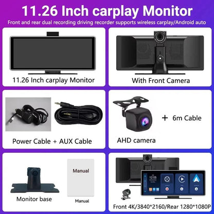 11 Inch Portable Dash Cam With 4K DVR Wireless Carplay Android Auto GPS Navigation And Dual Lens Re 11