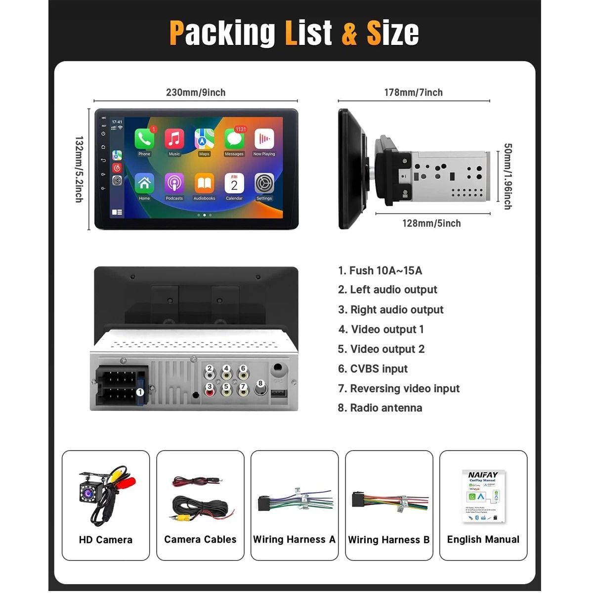 9 Inch Single Din Car Stereo HD Touch Screen With Carplay Android Auto Bluetooth Backup Camera And  5
