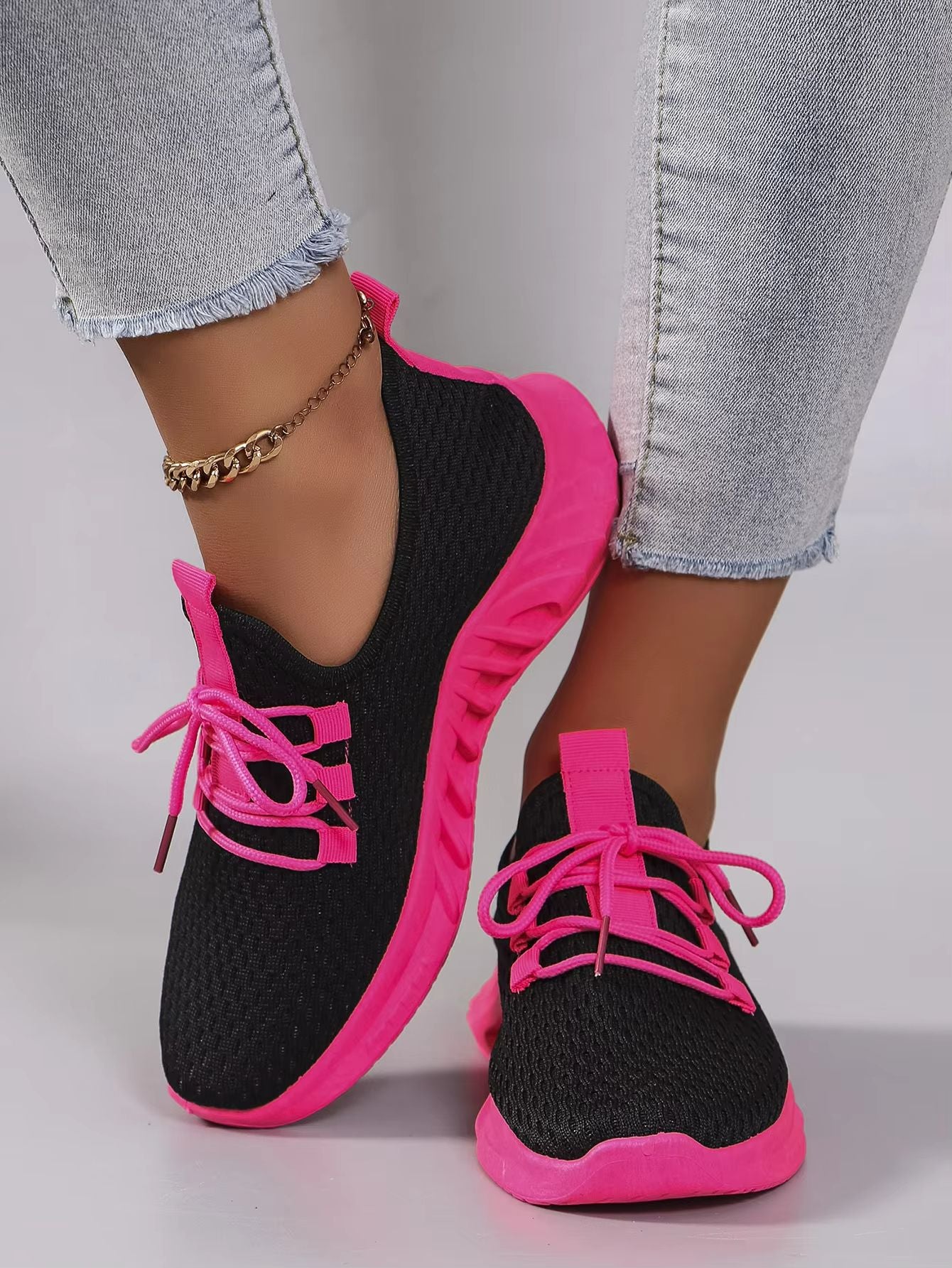 Womens Lightweight Breathable Color Block Sports Sneakers With Strap 1