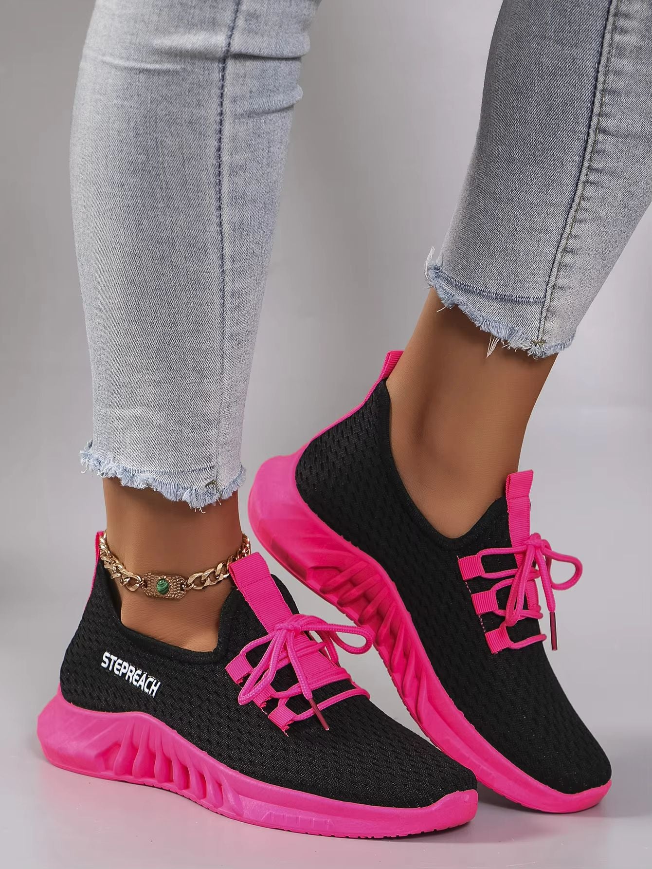 Womens Lightweight Breathable Color Block Sports Sneakers With Strap 3
