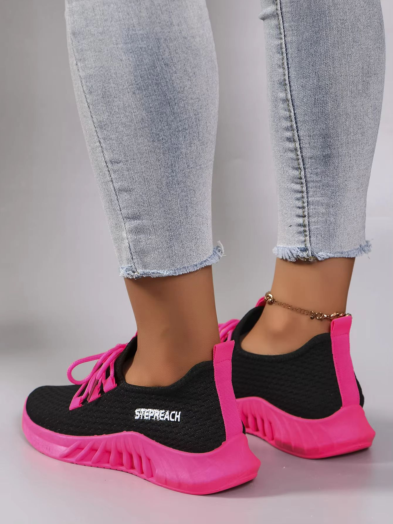Womens Lightweight Breathable Color Block Sports Sneakers With Strap 4