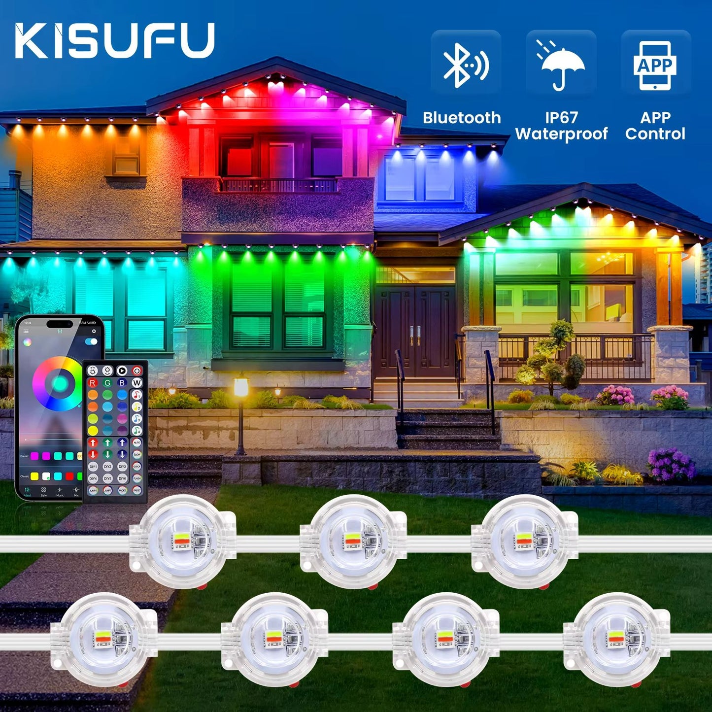 Smart Bluetooth RGBIC Waterproof Eaves String Lights Kit - 15m