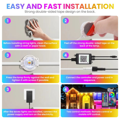 Smart Bluetooth RGBIC Waterproof Eaves String Lights Kit  15m 5
