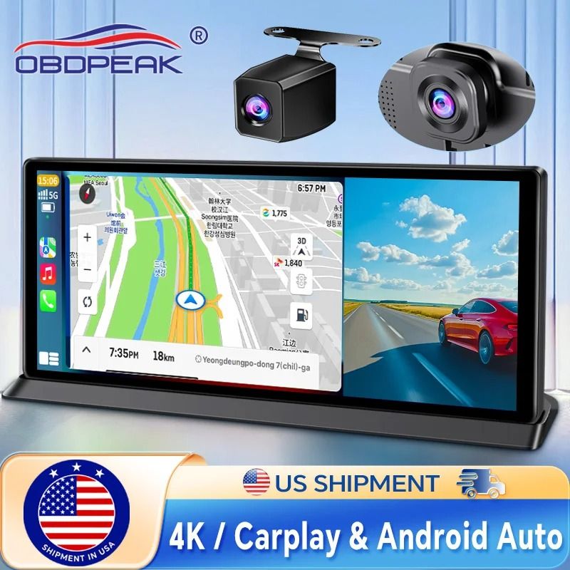 11.3 Inch Car DVR 4K Dash Cam Dual Lens with Wireless Carplay Android Auto GPS Navigation 5G Wifi FM AUX