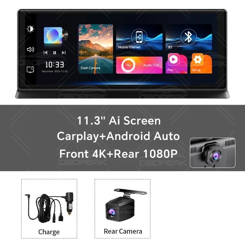 113 Inch Car DVR 4K Dash Cam Dual Lens With Wireless Carplay Android Auto GPS Navigation 5G Wifi FM 6
