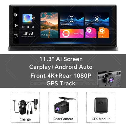 113 Inch Car DVR 4K Dash Cam Dual Lens With Wireless Carplay Android Auto GPS Navigation 5G Wifi FM 7