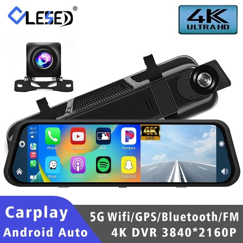 10 Inch Dash Cam 4K Car DVR with Carplay Android Auto GPS 5G WiFi AUX Streaming Rear View Mirror Recorder