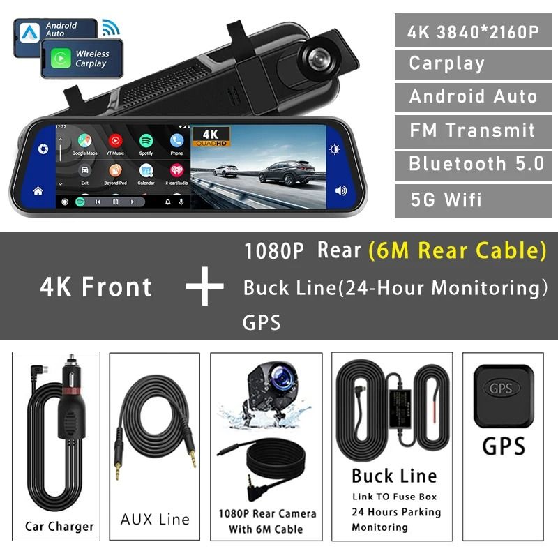 10 Inch Dash Cam 4K Car DVR With Carplay Android Auto GPS 5G WiFi AUX Streaming Rear View Mirror Re 9