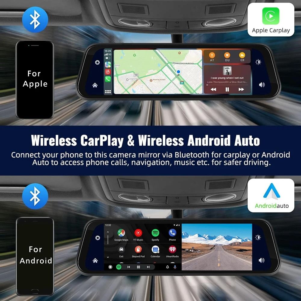 10 Inch Dash Cam 4K Car DVR With Carplay Android Auto GPS 5G WiFi AUX Streaming Rear View Mirror Re 3
