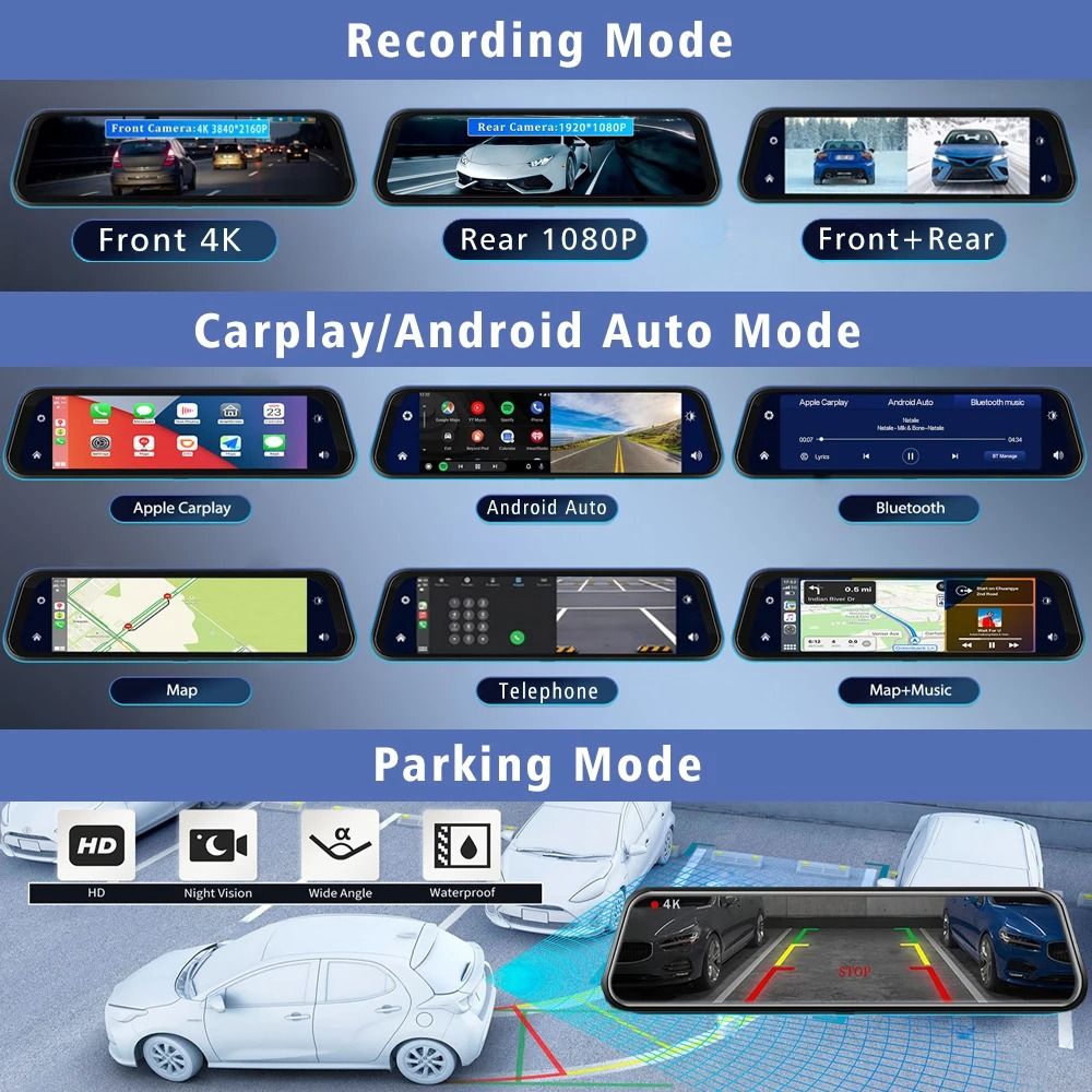 10 Inch Dash Cam 4K Car DVR With Carplay Android Auto GPS 5G WiFi AUX Streaming Rear View Mirror Re 4